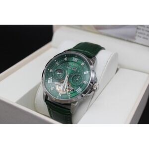 OLEVS Mens Automatic Mechanical Watch Green Dial Leather Strap Moon Phase 6651